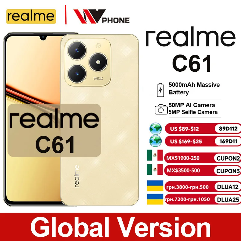 realme C61 Smartphone 5000mAh Batteria 15W SUPERVOOC Carica 50MP AI Fotocamera Display 90Hz IP54 AI Motore 256GB NFC