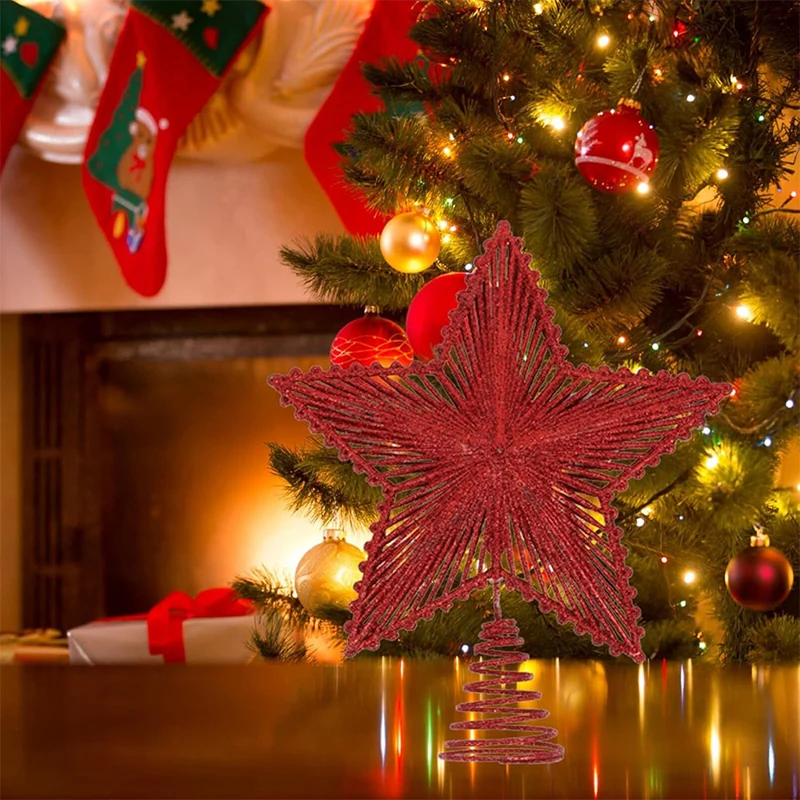 25cm Red Glitter Christmas Tree Topper Iron Star Christmas Decor For Home Xmas Tree Ornaments Navidad New Year 2025 Natal Noel