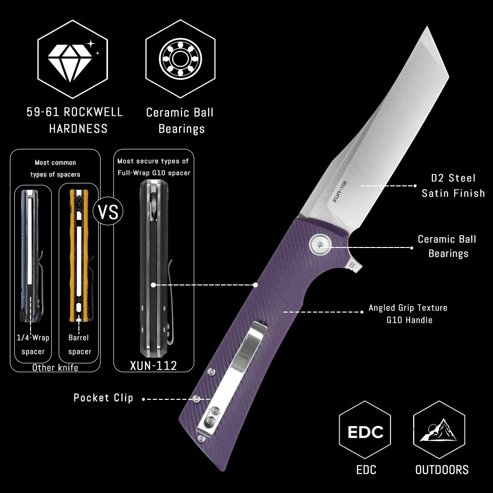 Shooziz Pocket Folding knife with Clip,3.55"D2 Flipper Tanto Blade For EDC Men，Camping Hiking Daily Work, XUN112 - view 3