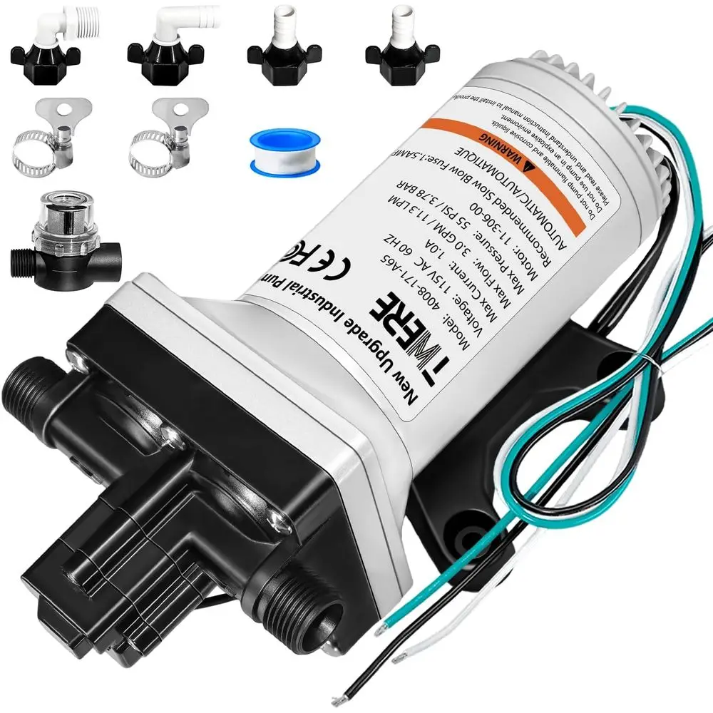 

4008-171-A65/E65 RV Water Pump with Strainer,115V 55 PSI 3.0 GPM Camper Water Pump-1/2MNPT Connection,Fit for Camper,RV,Shower,S
