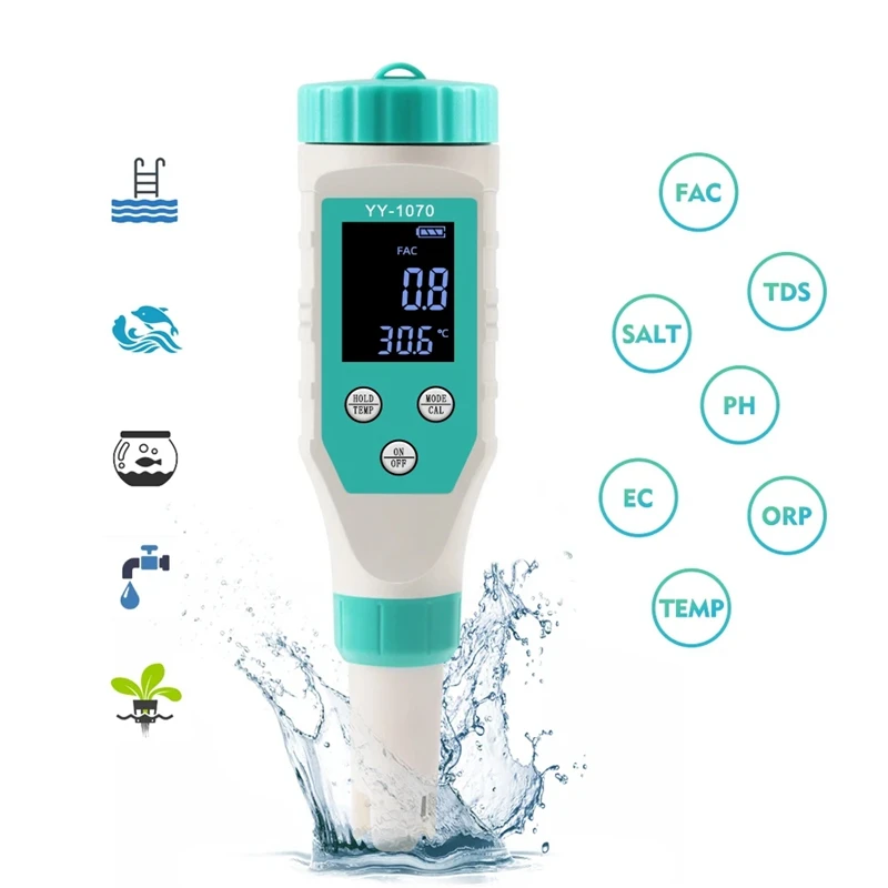 7 In 1 PH/Free Chlorine/ORP/EC/TDS/Salt/Temp PH Meter Swimming Pool Salinity Tester IP67 Waterproof For Aquarium Durable