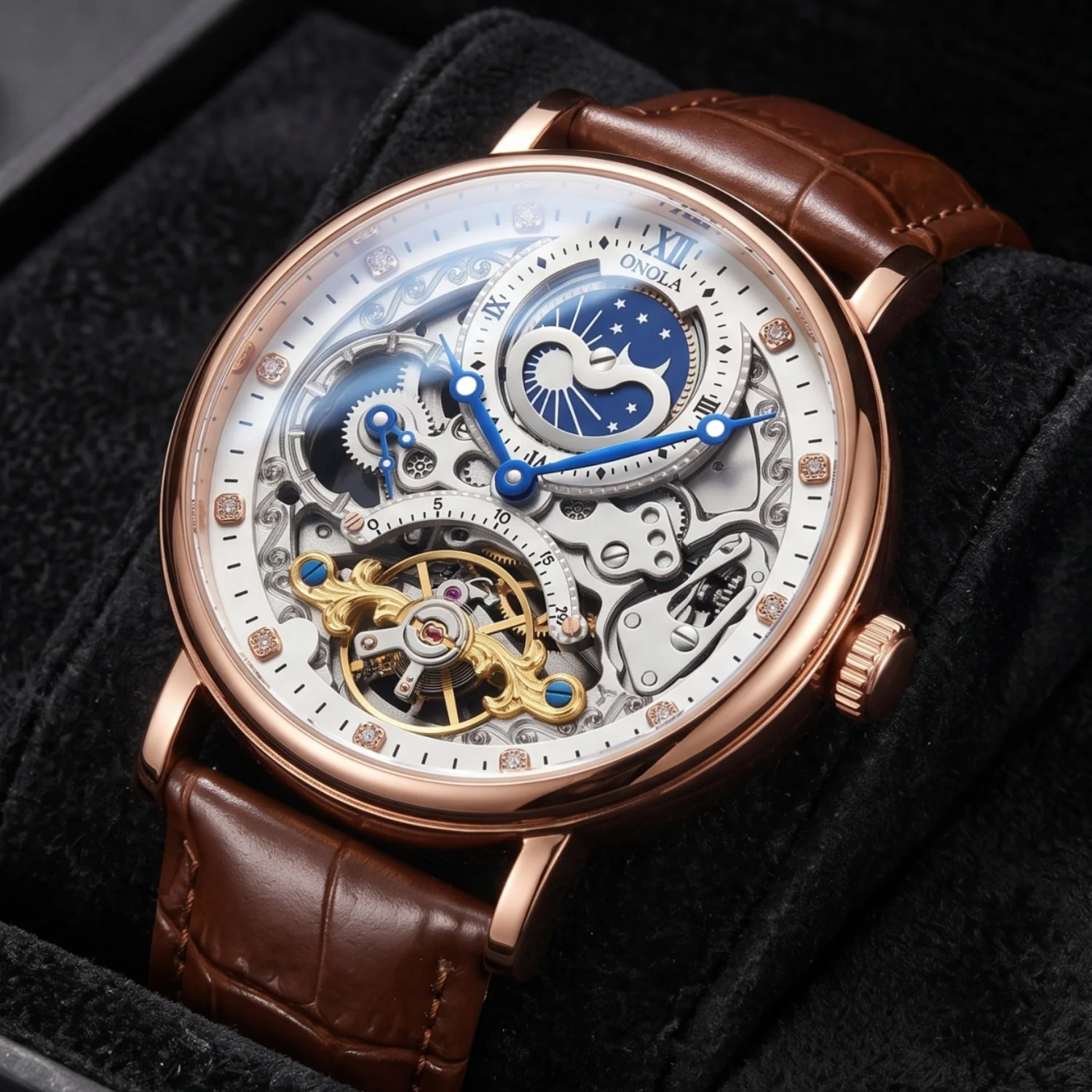 ONOLA Men's Retro Luxury Round Mechanical Watch, Moon Phase Hollow Dial, Rhinestone Mark, Official Men's Birthday Gift