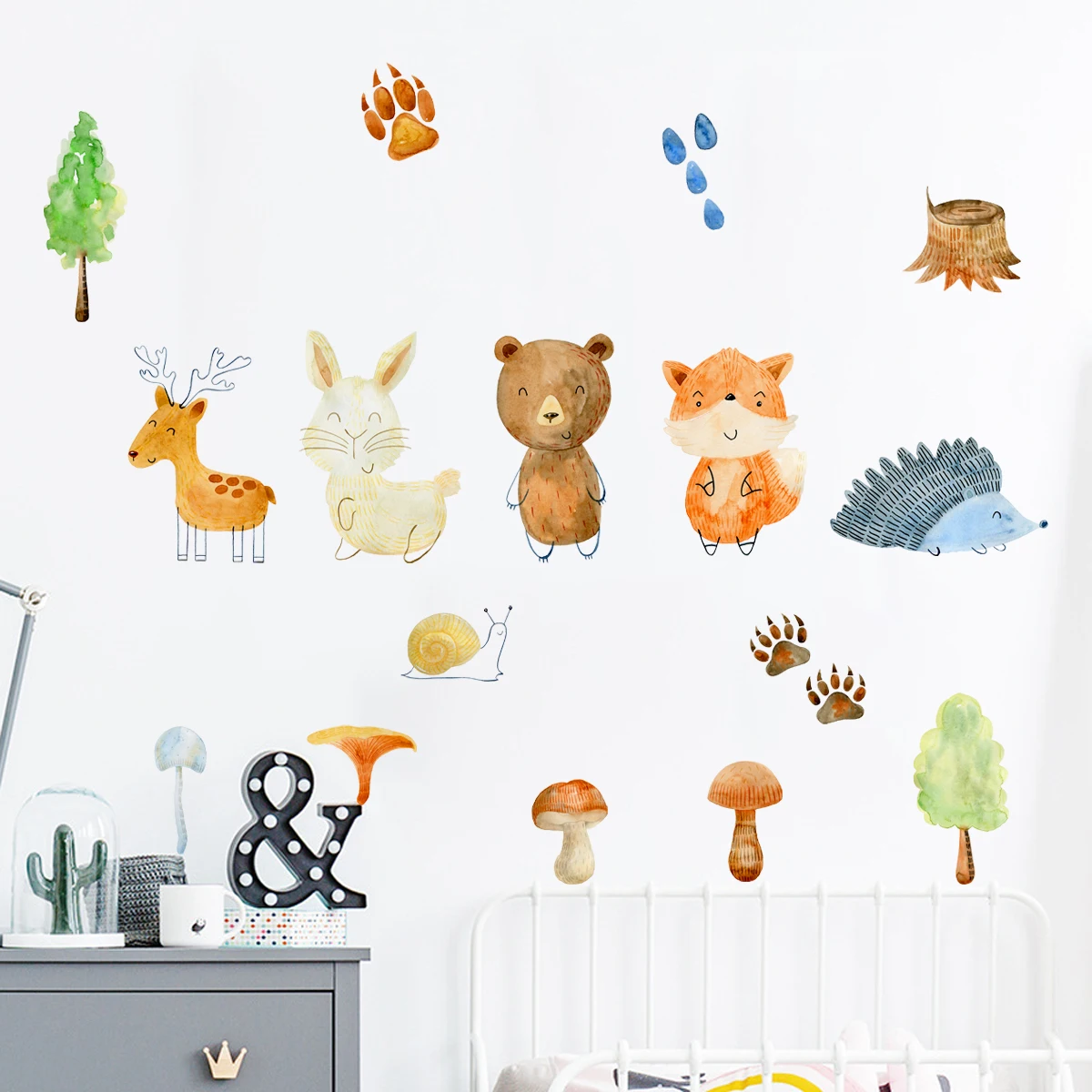 Watercolor Cartoon Animal illustration Nursery Sticker  Removable Wall Decals Art Print Kids Boys Room Interior Home Decor