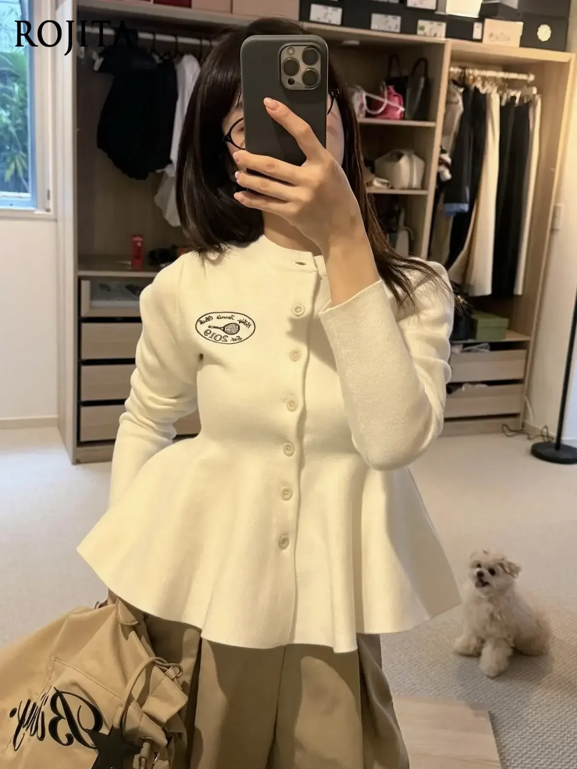 Women Preppy Peplum Hem Knit Cardigan Round Neck Single‑Breasted Embroidered Flared Hem Long Sleeve Sweater Jacket