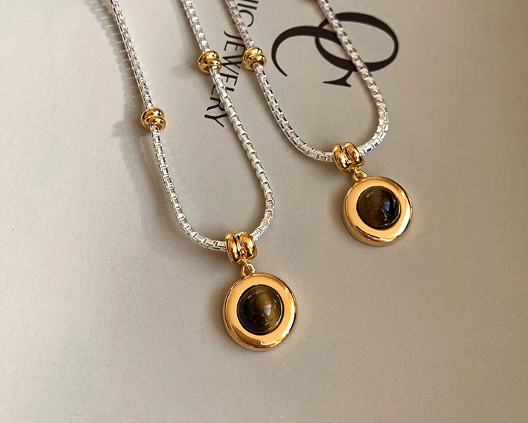 Gold- und Silberfarbene Kette, kreisförmiger Tigerauge-Stein-Anhänger, Halskette, luxuriöser Schmuck für Damen, sexy Schlüsselbein-Accessoires – Detail 4
