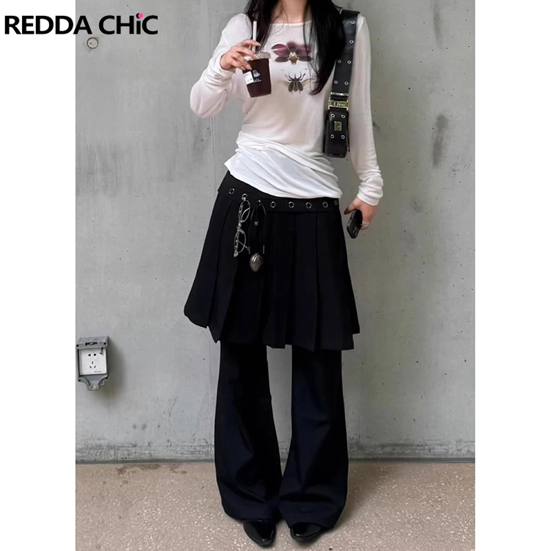 ReddaChic Autumn Pant skirt Fake Two Pieces Black Suit Pants Korean Popular Bootcut Pleated Trouser Side Zipper Outfits Wear