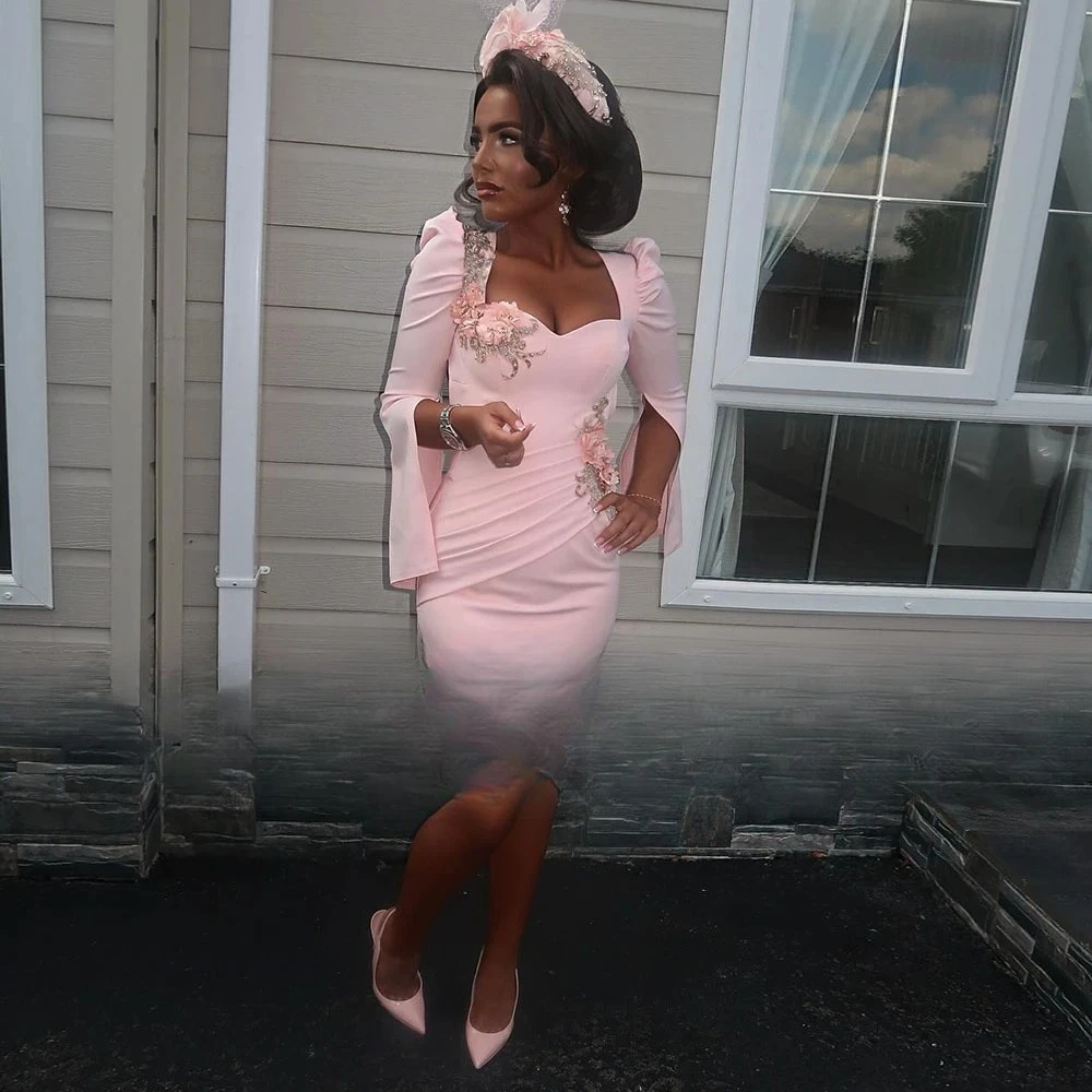 Pink Mini Short Cocktail Dress For Women Sheath Cocktail Gown Above Knee Length Appliques Sweetheart Long Sleeves Party Gown image 3