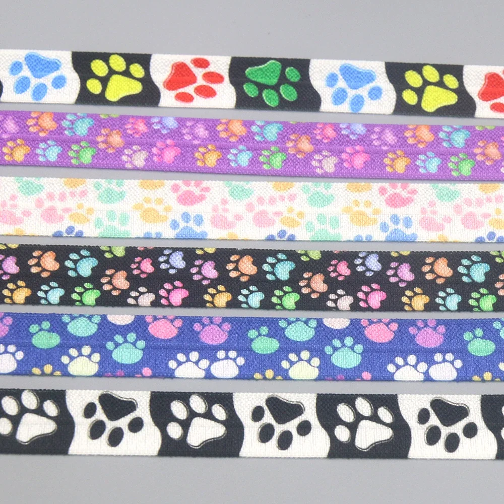 DUWES 5/8'' 50yards Dog Cat Paw Printed Fold Elastic FOE Stretch Ribbon Accessories Craft DIY Sewing D2424