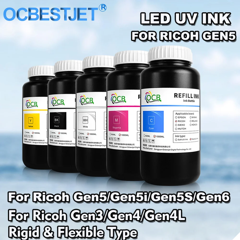 

1000ML*5 UV Curing Ink For Ricoh Gen3 Gen4 Gen4L Gen5 Gen5i Gen5S Gen6 G3 G4 G5 G5i G6 Printhead Rigid & Flexible Type UV Ink