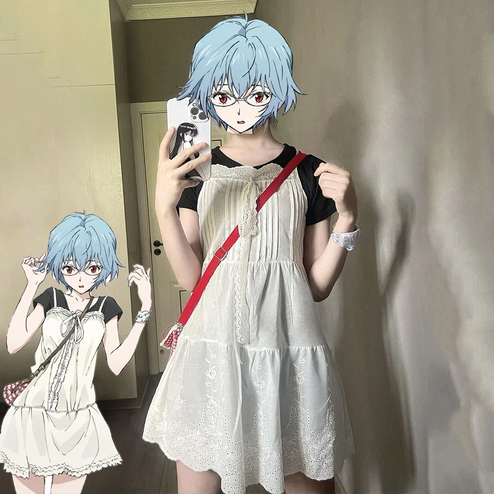 

New Anime Ayanami Rei Cosplay Costume Girl White Dress Black T-shirt Suit Daily Summer Lace Suspender Dress Carnival Clothes