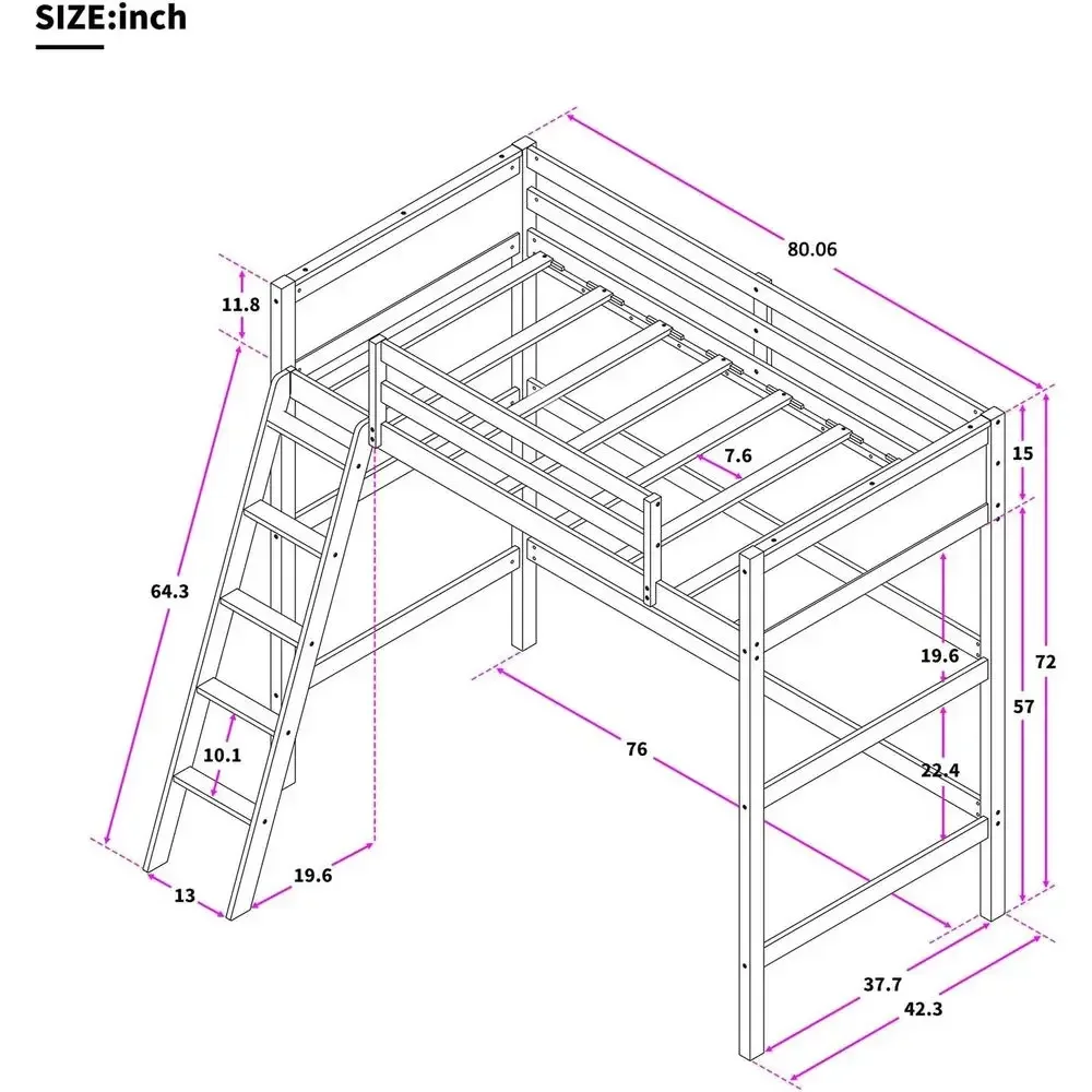 Twin Size Wooden Loft Bed with Ladder, Suitable for Kids, Teens, and Adults