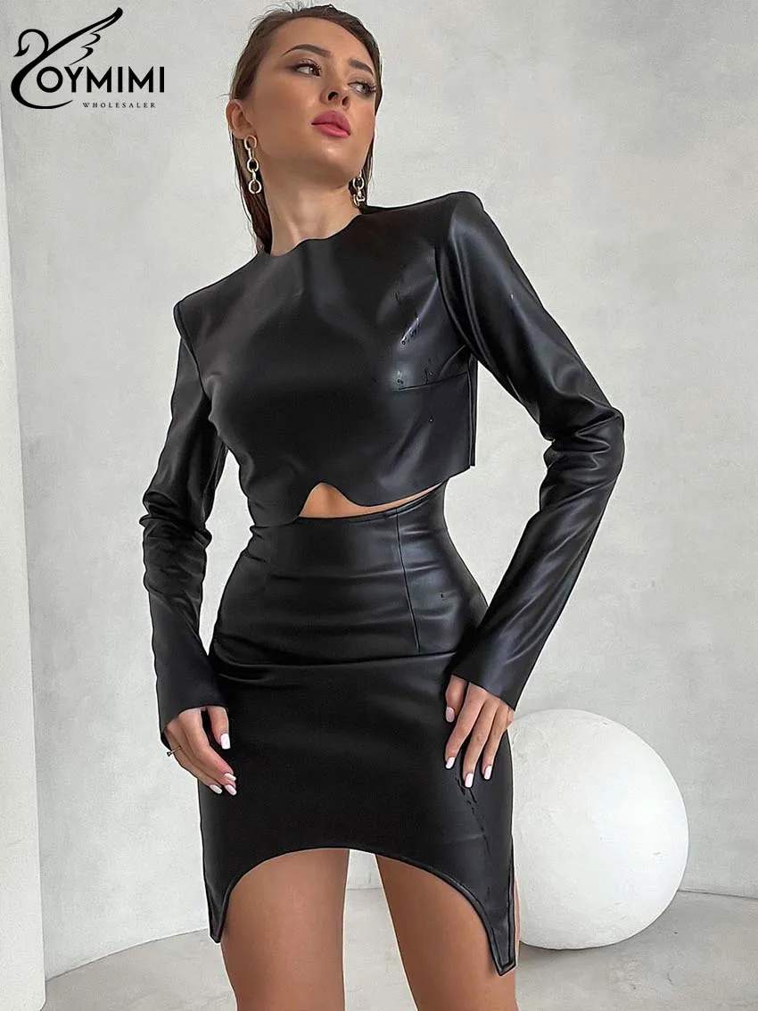 Oymimi lässig schwarz pu Leder Damen 2 Stück Outfit Set elegante O-Ausschnitt Langarm Crop Tops und hohe Taille schlanke Minirock-Set