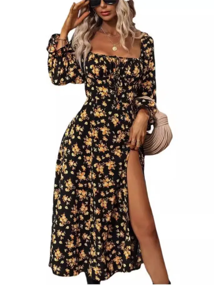 

Women Long Dress Elegant Floral Printing Square Collar Casual Puff Long Sleeve A Line Vestidos Ladies Side Split Dresses Summer