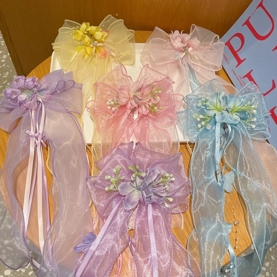 Girls Gradient Shimmer Organza Floral Bow Long Streamer Hair Barrettes Fairy Women Girls Hanfu Wedding Photo Hair Accessories