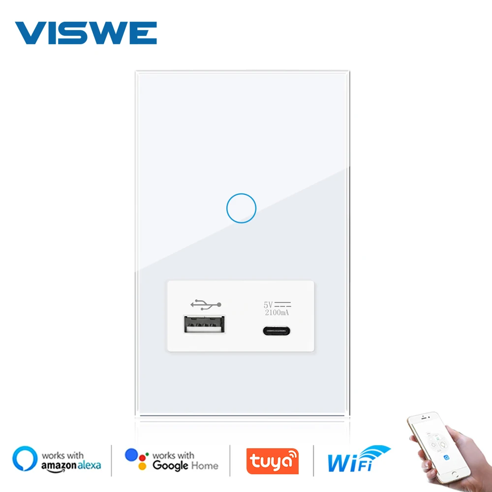 VISWE 1/2gang Smart Wifi Switch USB Type-C Charger, Tempered Glass Panel 118*72mm, Touch Wall Switch Google Home/Alexa Control