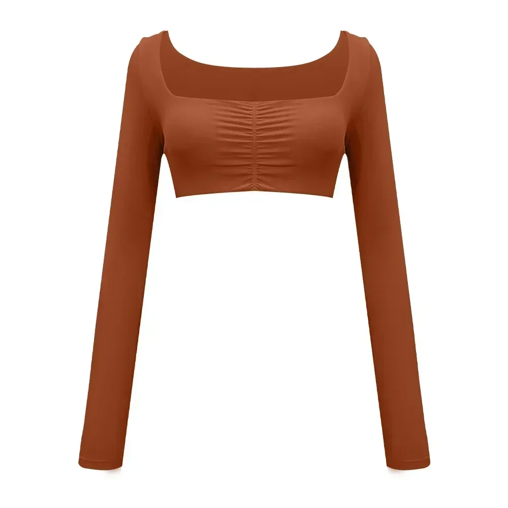 Women's Sexy Body Fitted Square Neck Long Sleeve Basic T-Shirt Crop Top Soft Comfortable For Yoga Sports Outdoor Running Gym