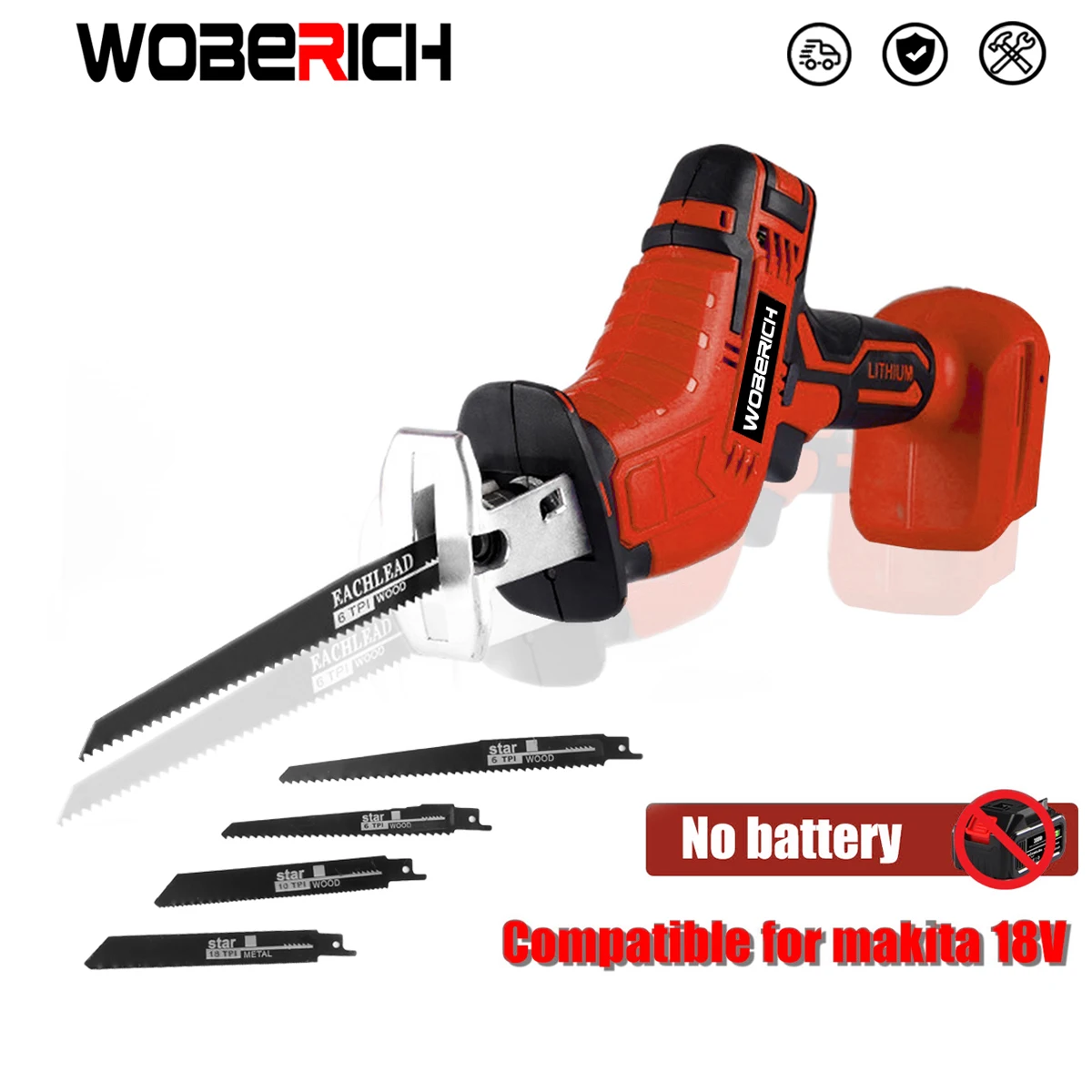 

Cordless Electric Reciprocating Saw Wood Metal Cutting Saber Saw Portable Red Power Tool For Makita/WOBERICH 18V（No battery）