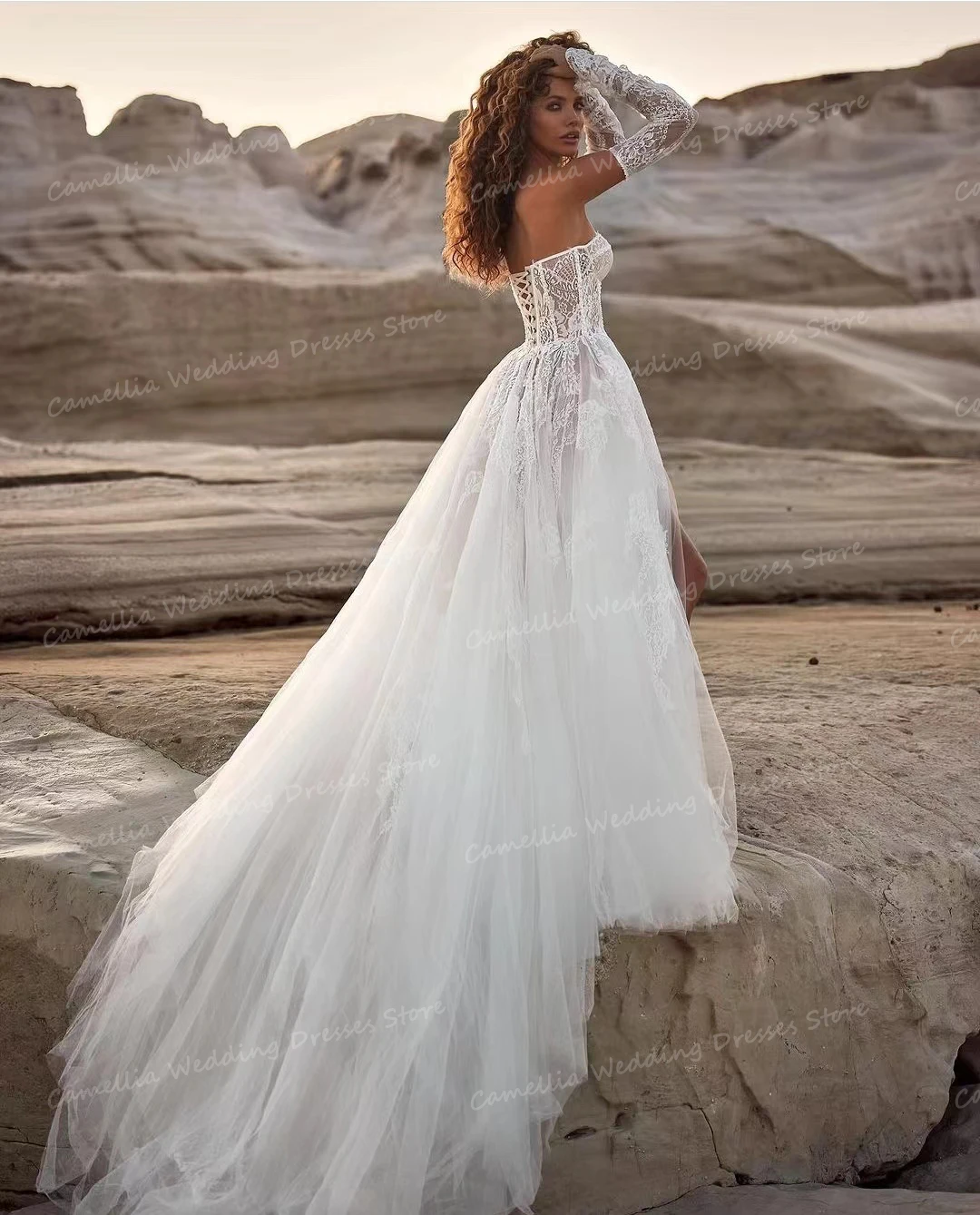 Abiti da sposa eleganti di lusso da donna A Line Appliques di pizzo Sexy spacco laterale per abiti da sposa abiti di moda formale De Fiesta