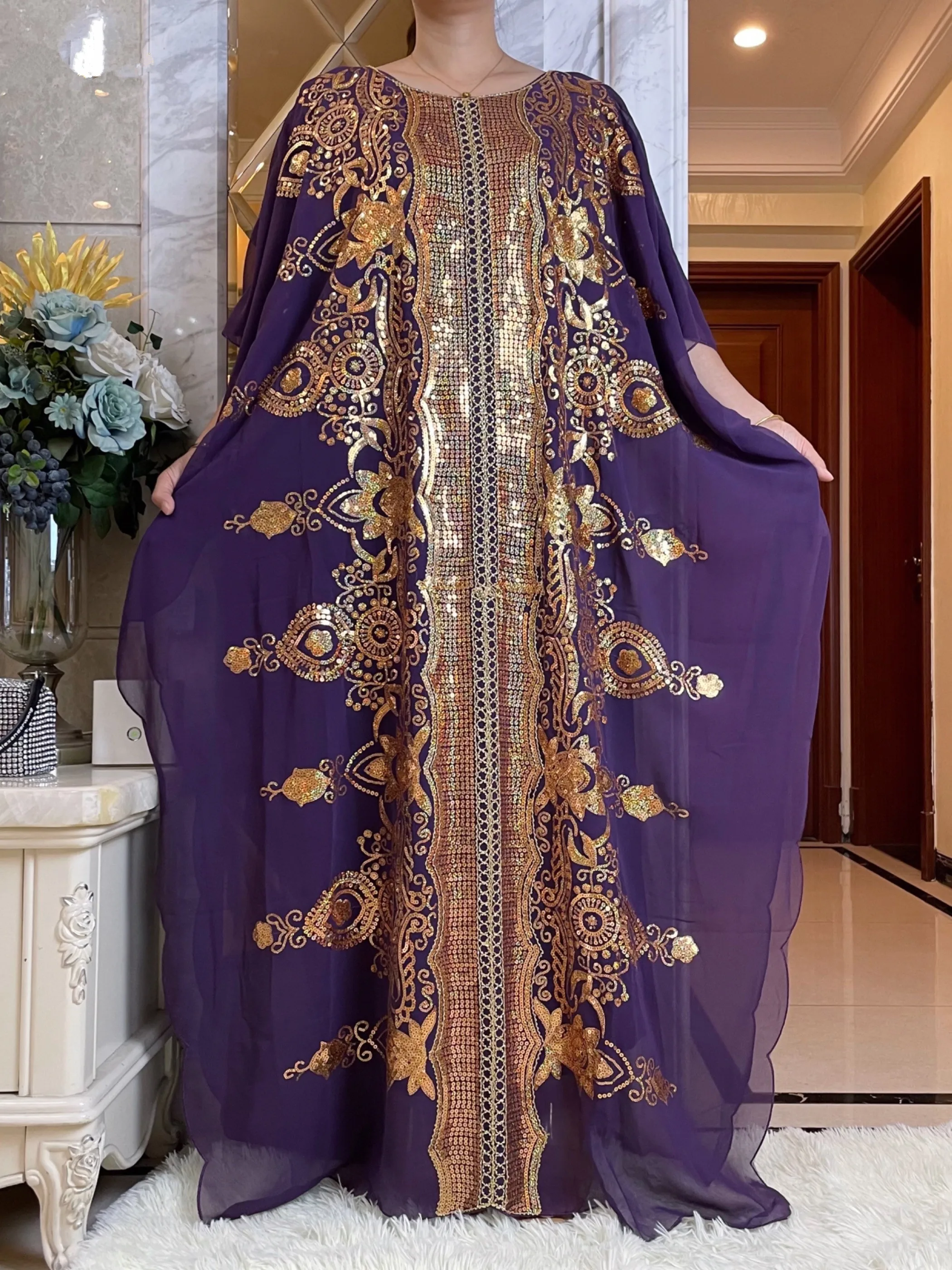 2025 جديد المرأة الأفريقية Dashiki موضة عباية إسلامية أنيقة الشيفون Batwing كم الترتر فستان فضفاض رداء أنيق حجم الحرة #3