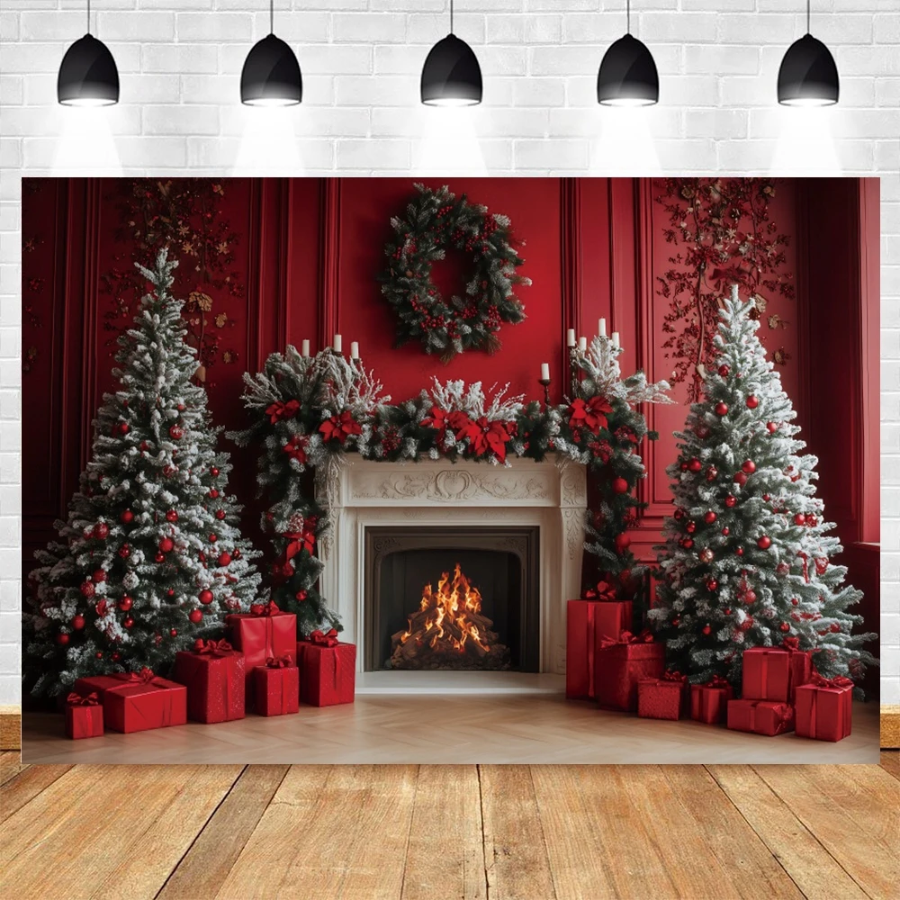 شجرة عيد الميلاد حفلة خلفية الموقد نافذة الشتاء جورب الهدايا الأسرة صورة التصوير خلفية ديكور لاستوديو الصور