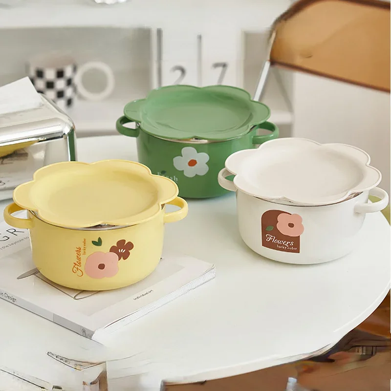 1pc Cute Flower Instant Noodle Bowl Stainless Steel Bowl with Lid Dormitory Work Tableware