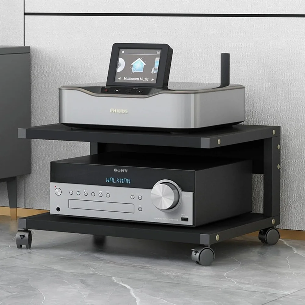 

AV Audio Rack, 2-Tier Video Media Stand, Stereo Cabinet with Wheels, Modern Small TV Shelf, Steel Frame, Movable Storage