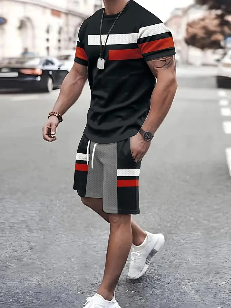 3D Printing Men\'s Suit Daily Casual Fashion Loose Summer Street Comfortable Short Sleeves Trend Sports Shorts Novelty Striped