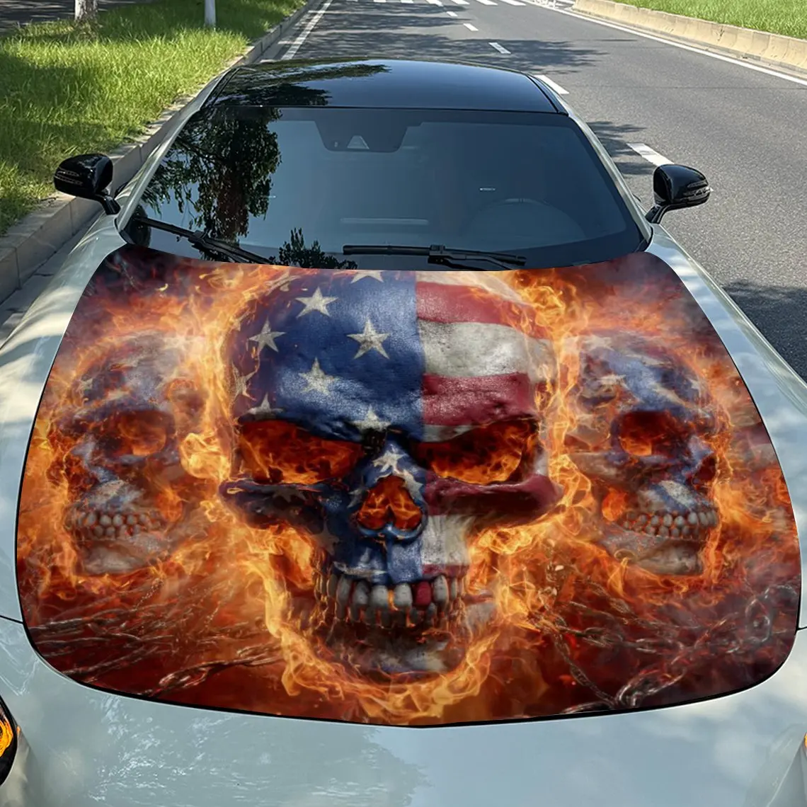 

Элемент американского флага, пламя, череп, наклейки на капот автомобиля, потрясающие украшения, подходят для различных моделей автомобилей и мотоциклов