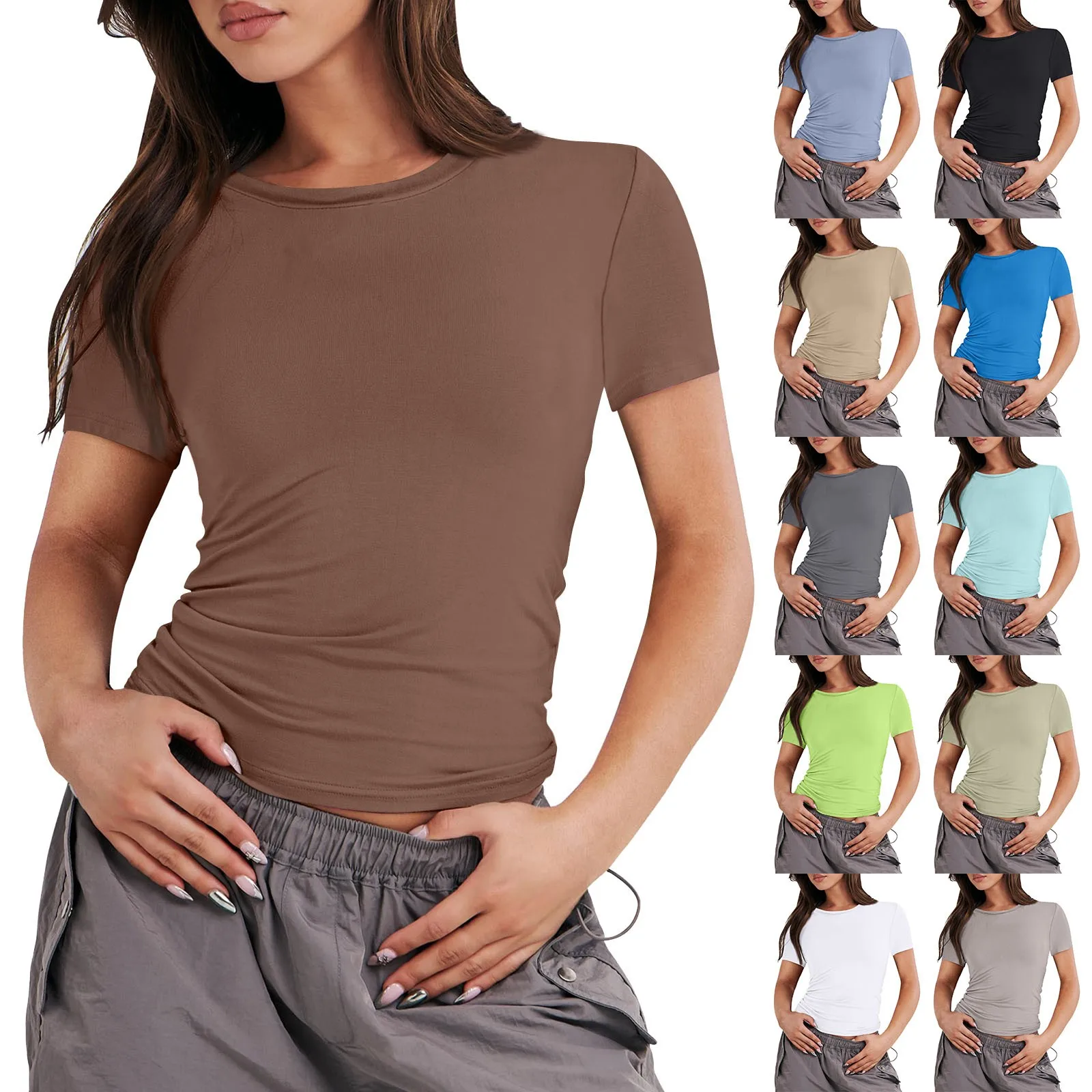 Women Short Sleeve T-shirt Casual Fashion Soild Color Classic Round Neck Sexy Cute Tees All-match Slim Fit Tight Crop Tops