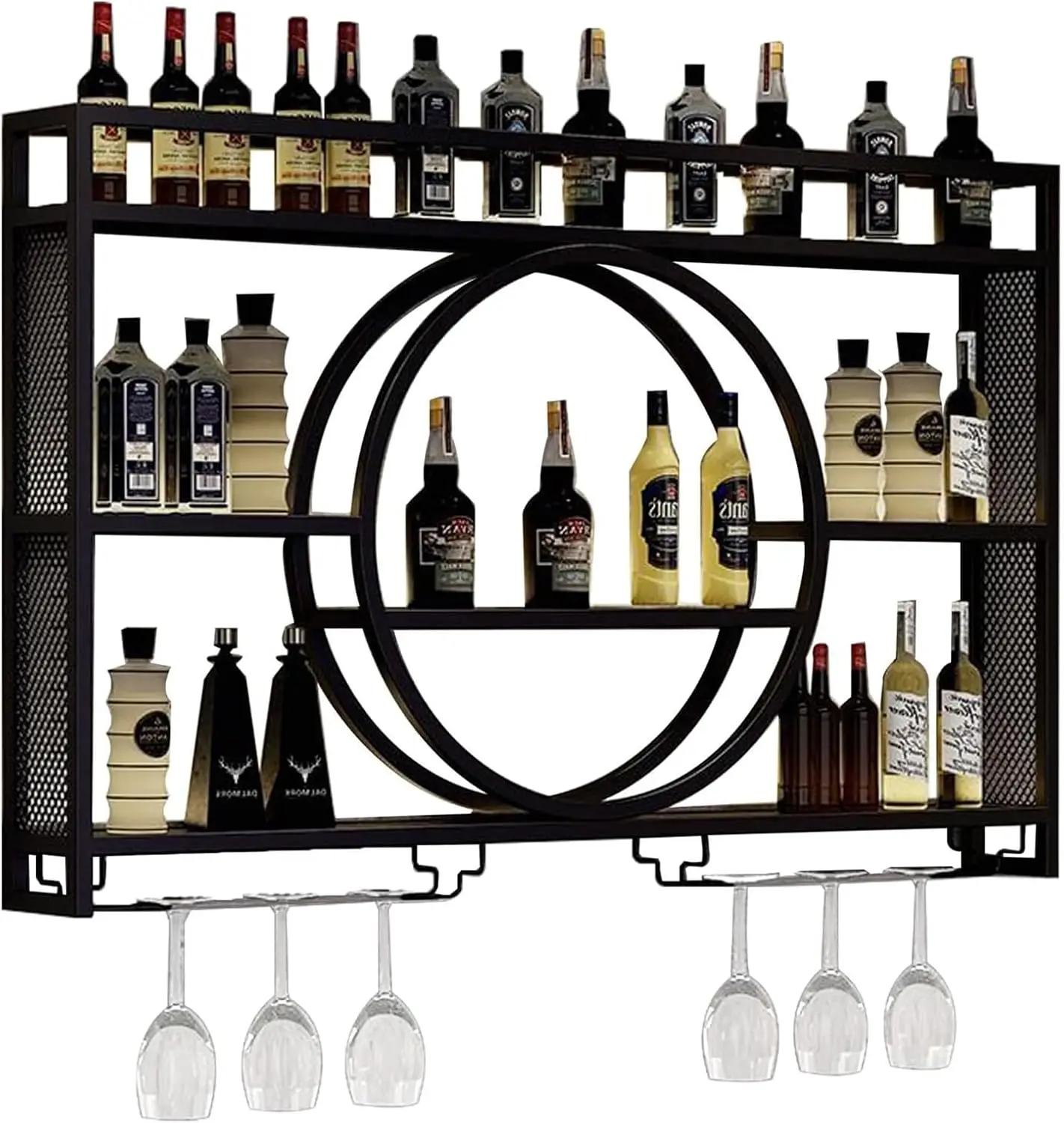 Modern Wine Storage Rack Wall Mounted With LED Light With Wine Glass Holder,Iron Bar Liquor Shelf,Floating Wall Wine Shelves,Bar