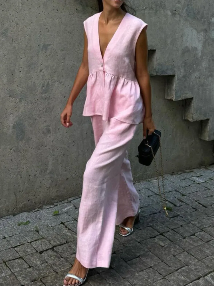 Women's V-neck Sleeveless Top Vest Wide-leg Trousers Two-piece Set Summer Simple Solid Color Elegant Temperament Commuting Set