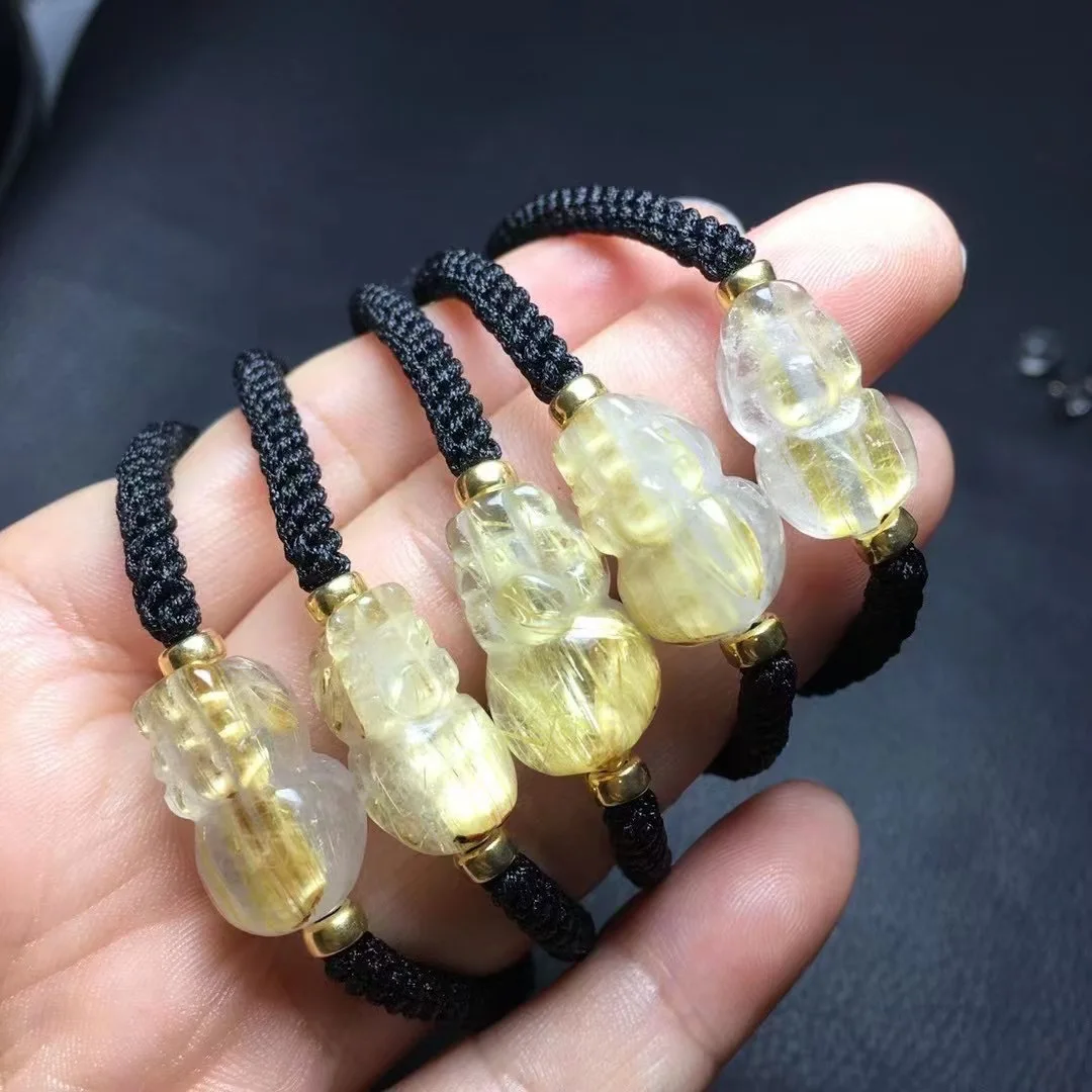 Natural Gold Rutilated Quartz Pixiu Hand-Knitted Woven Bracelet Fashion Jewelry Gift 1pcs