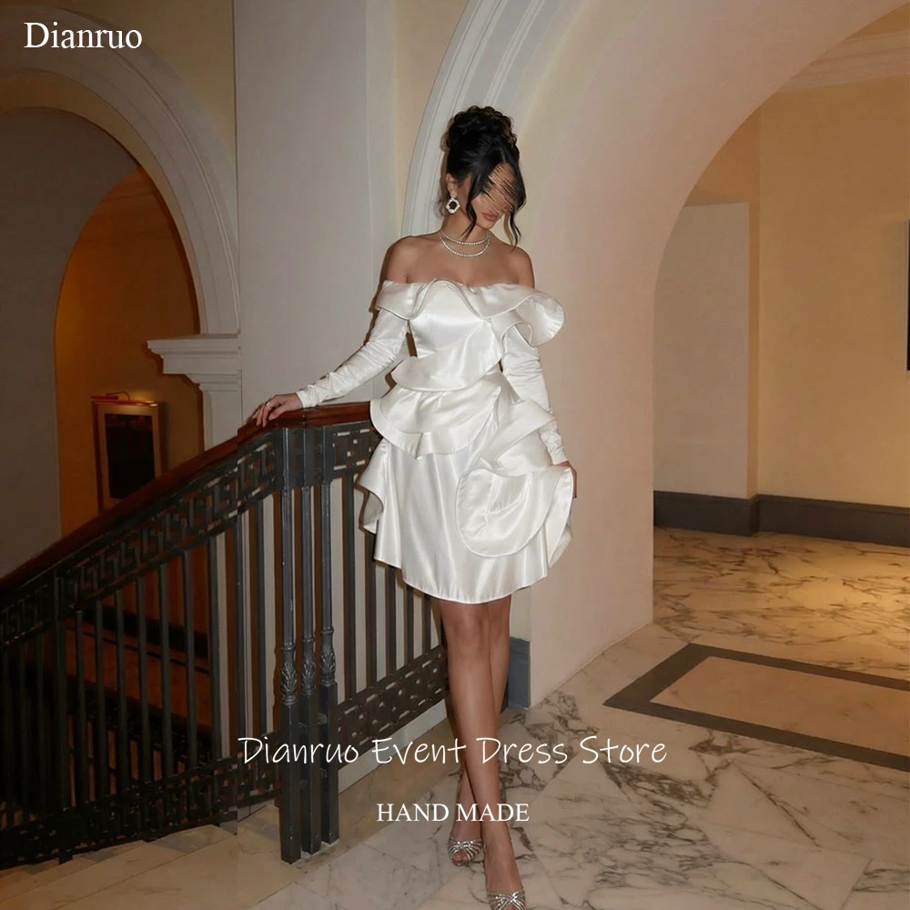 

Dianruo Timeless Satin Off The Shoulder Prom Dress Mini Pleated Homecoming Dress Perfect Layered Ruffled Party Gowns Customized