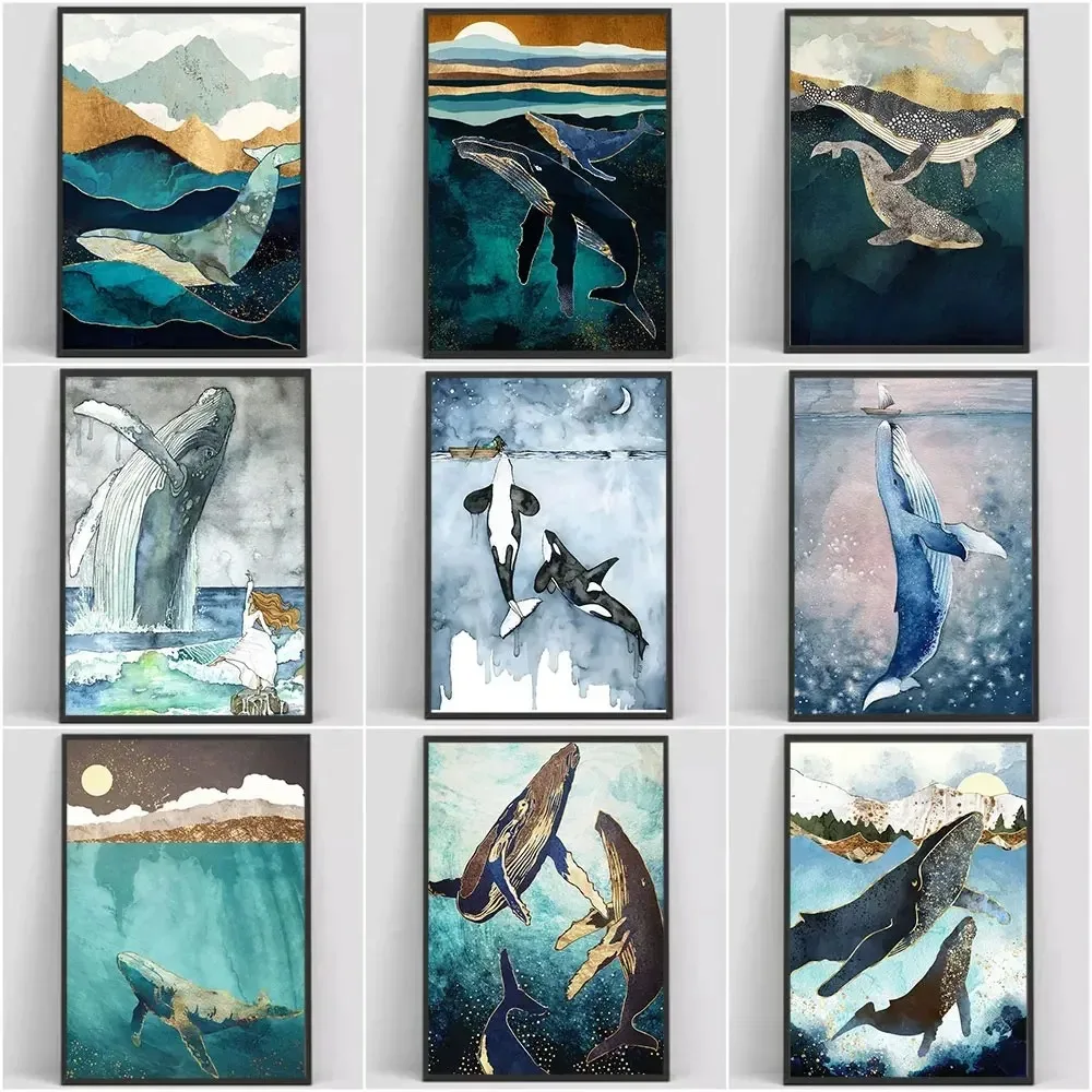 Abstract Posters Big Whale Ship Sea Print Watercolor Marine Animal Canvas Painting Wall Art Picture for Kid Room Home Decoration