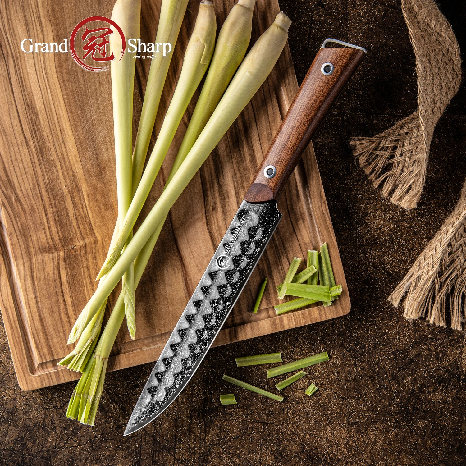 

Grandsharp 8 Inch Slicing Knife Damascus Steel 10Cr15MoV Core Africa Rose Wood Handle 67 Layers Sharp Slicer for Meat with Box