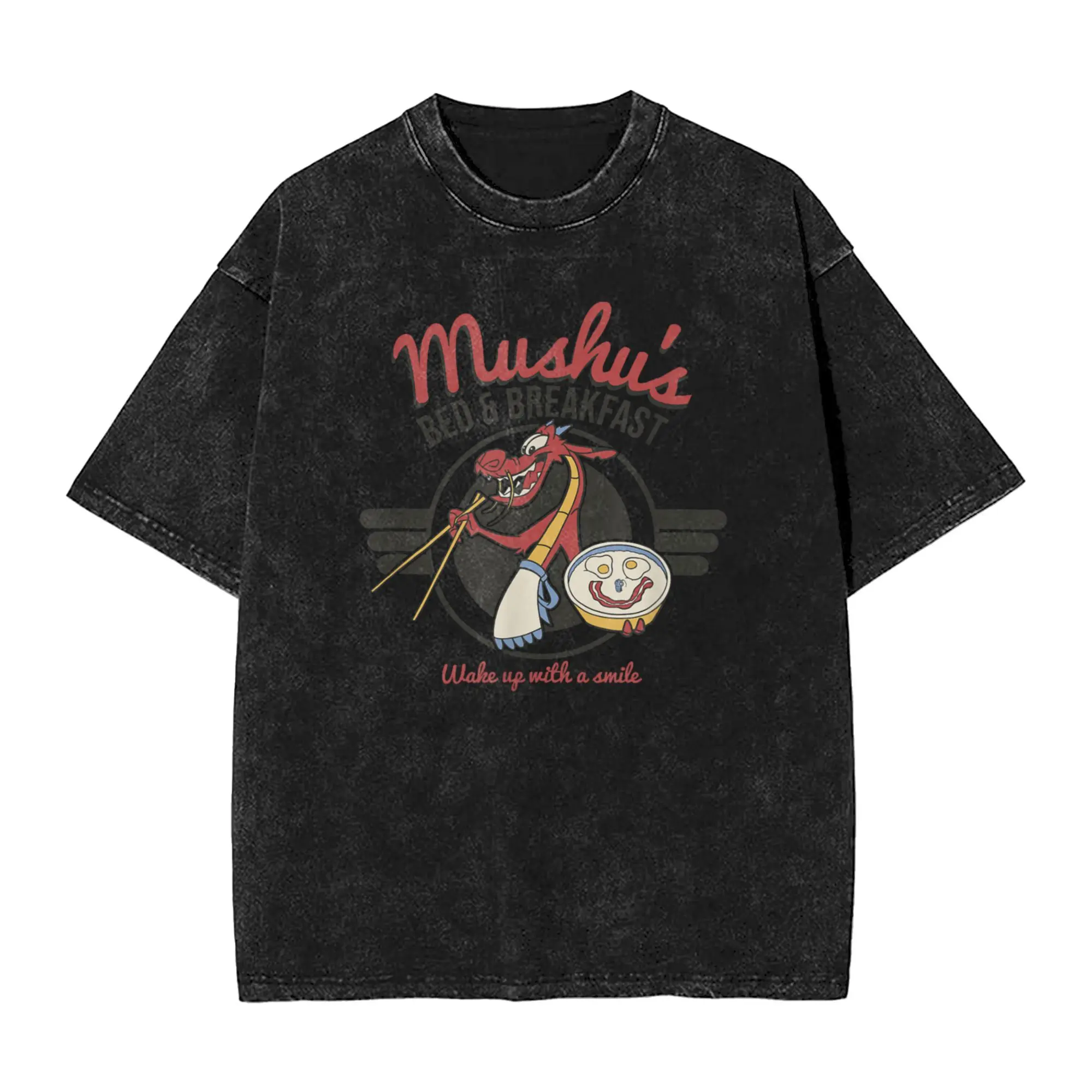 

Mulan Mushu's Bed & Breakfast Poster Washed T-Shirt Male Cotton T-Shirts Summer O Neck Hip Hop Tees Printed Big Size Clothes
