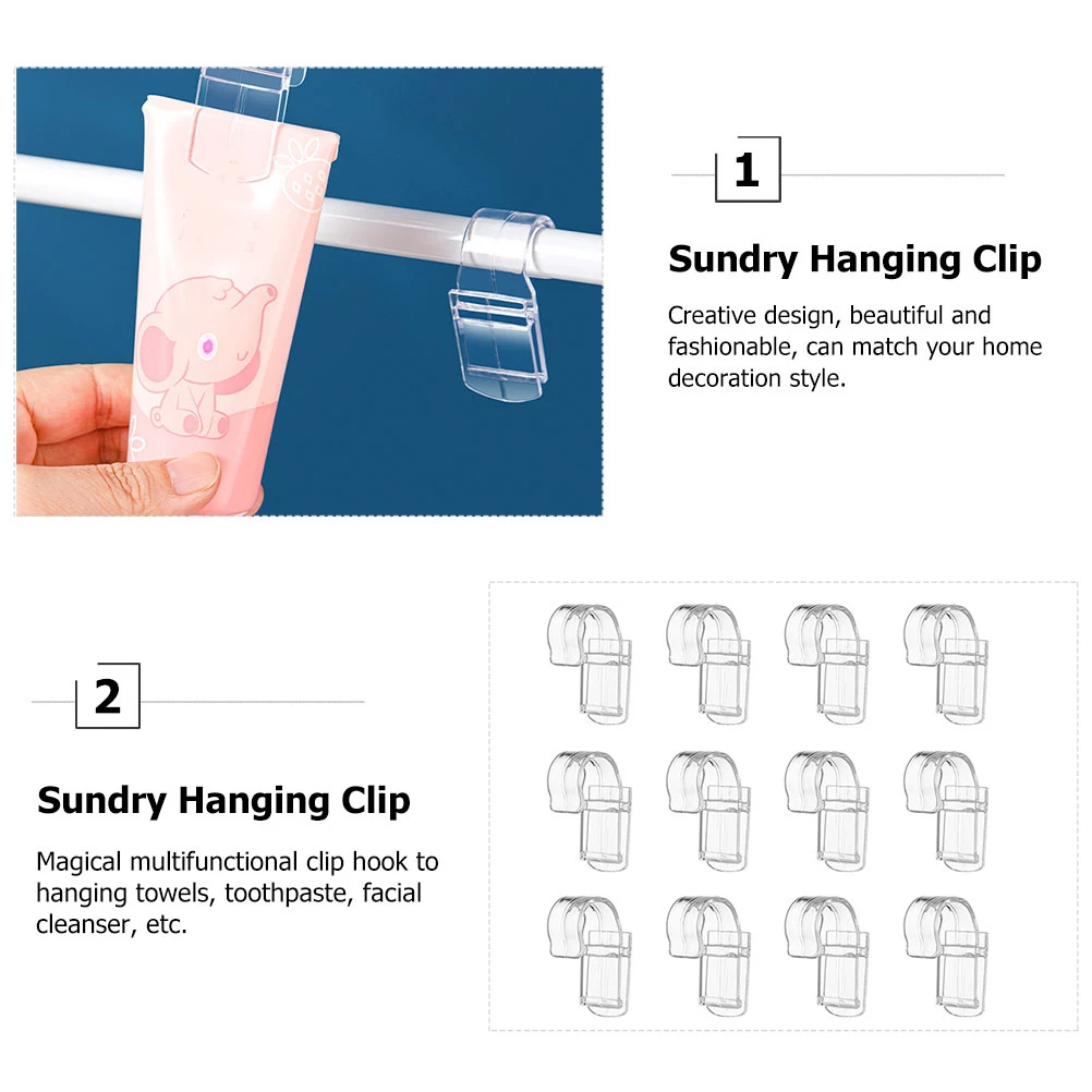 

12pcs Transparent Bathroom Storage Clips Fixed Buckle Hanging Hooks for Toothpaste Facial Cleanser Towel Sundry Clear