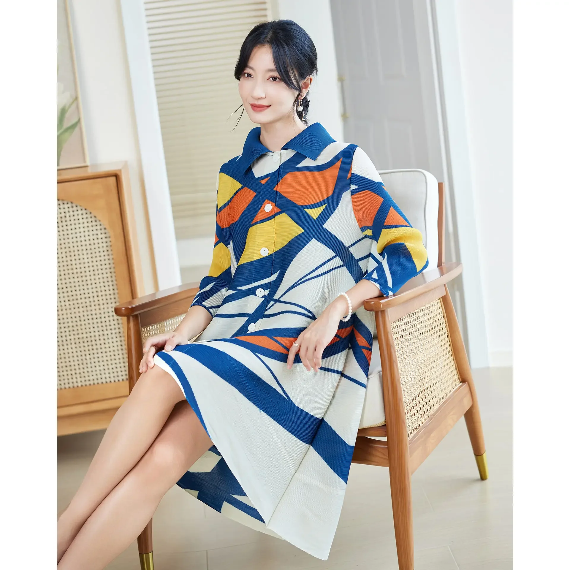 Miyake Pleated Printed Dress for Women in Early Autumn, High-end, Loose, Large Size, Middle-aged  Elderly Mother's Style Skirt