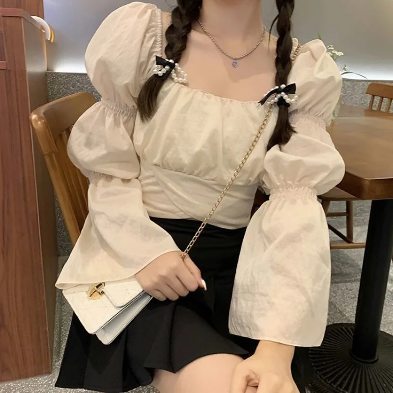 Sweet Puff Sleeve Blouse Women New Autumn French Square Collar Lace-up Long-sleeved Solid Color Slim Basics Daily Tops Female