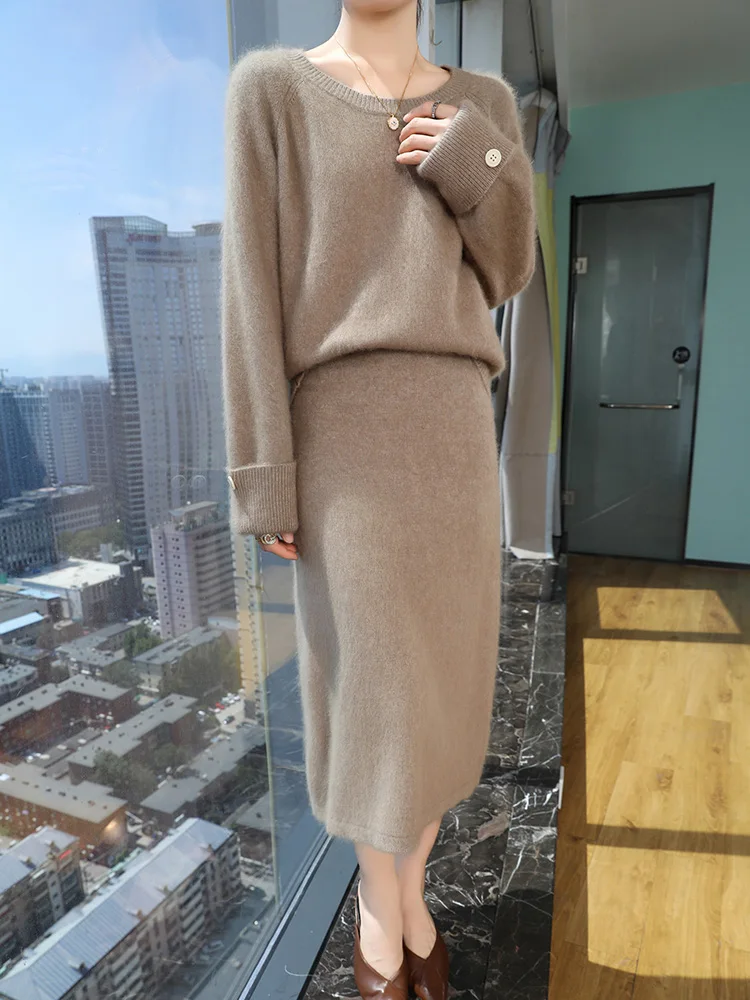 100% Mink Cashmere Skirt Sets Autumn Winter Women Elegant O-Neck Knit Pullover Sweater A-line Skirt 2 Piece Female Fashion Suits