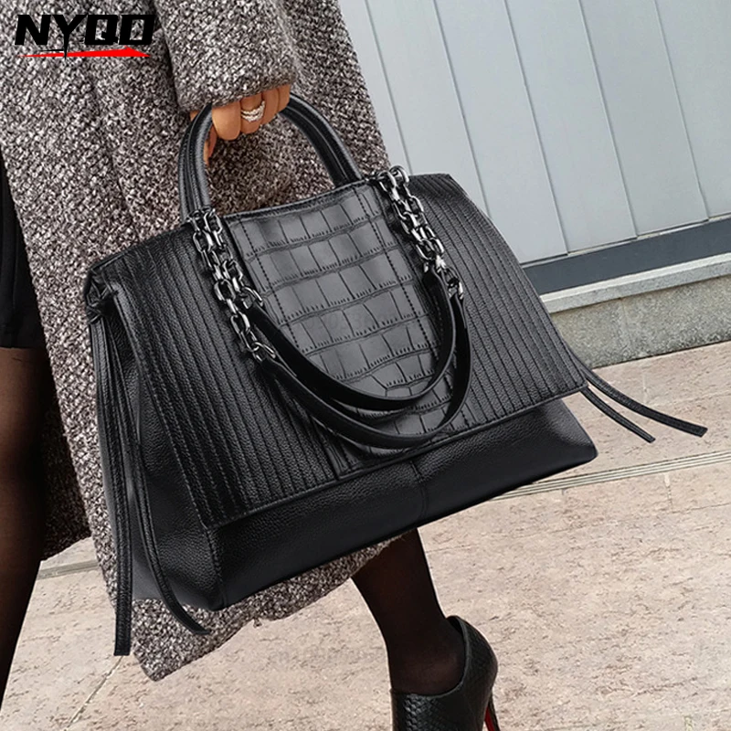 Luxury Women Black Big Totes Handbag Luxury Simple Crocodile Leather Handbags Chain Women's Shoulder Bag Purses and Handbags