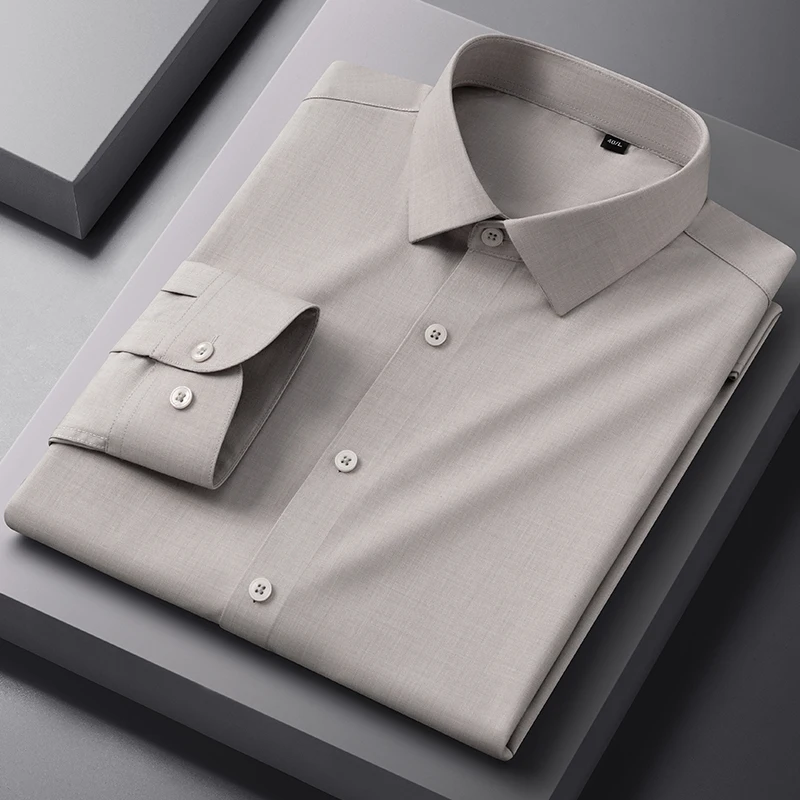 New in shirts Modal elastic long sleeve shirts for men slim fit formal shirt soft office Solid color Anti-wrinkle black clothes