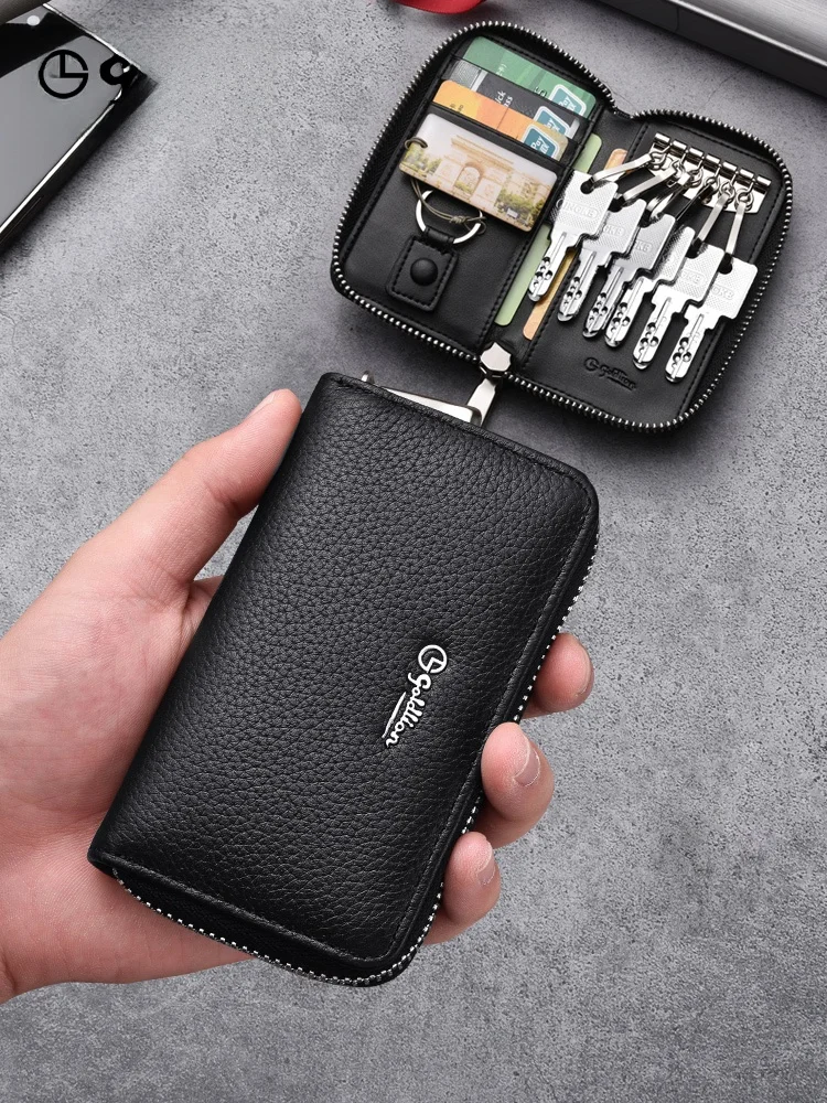 goldlion-men's-leather-key-holder-zipper-wallet-casual-cowhide-car-key-chain-card-bag-trendy-business-commuter-style-pure-color
