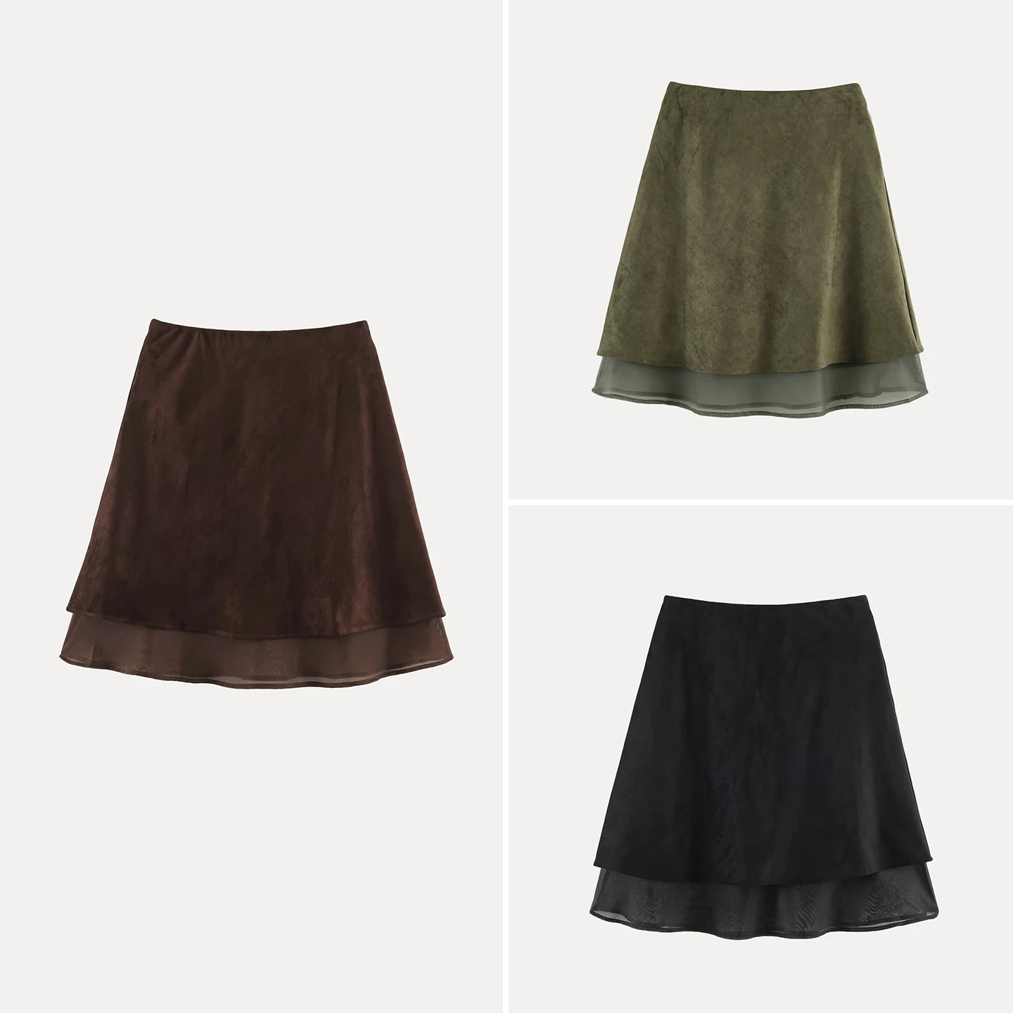Slimming A-Line Double Layered Elastic Waist Midi Skirt Fashionable Women's Autumn Wear ZADATA Brand Low Waist Other Material