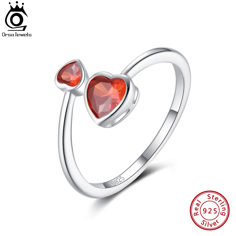 

ORSA JEWELS 925 Sterling Silver Double Heart Birthstone Open Rings for Women Shiny AAAA CZ Stackable Finger Rings Jewelry SR323