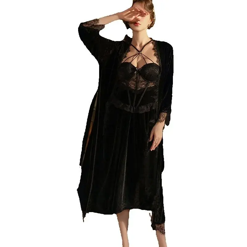 

Сексуальный комплект из двух предметов: кружевной халат и ночная сорочка из шелковистого велюра, новинка весенней коллекции, домашняя одежда, ночное белье, одежда для отдыха