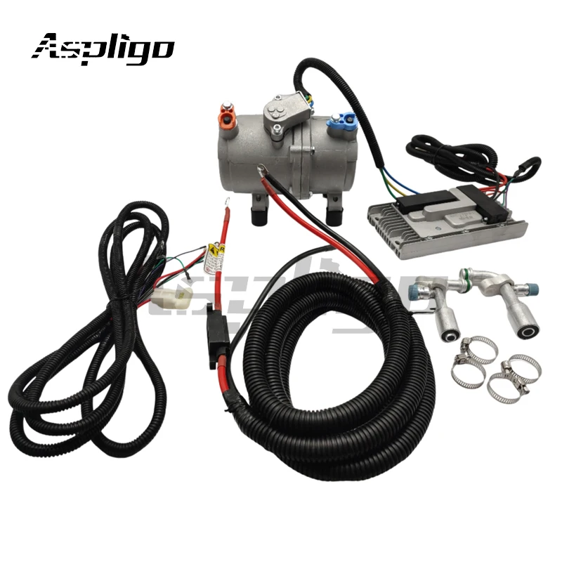 Aspligo - Conjunto de Compresor de Aire Acondicionado Eléctrico de 12 V y 24 V, Compresor de Aire Acondicionado para Automóvil, Camión, Autobús, Barco, Tractor