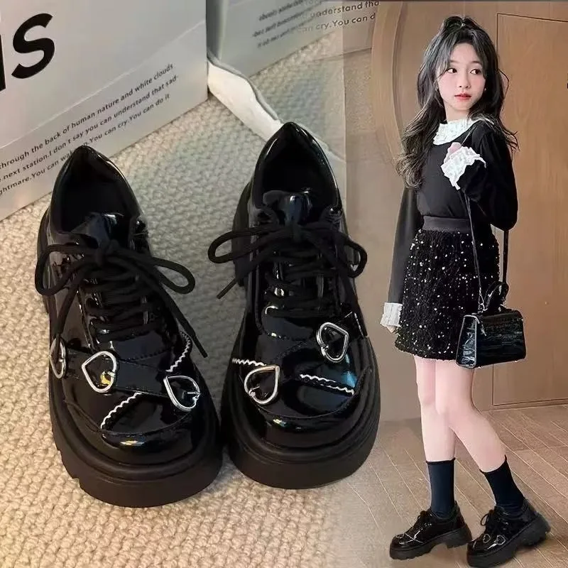 

Children's Black Patent Leather Platform Shoes Heart Decor Lace - Up Non-slip Cute Casual Mary Jane Girls Shoes Zapatos De Niña