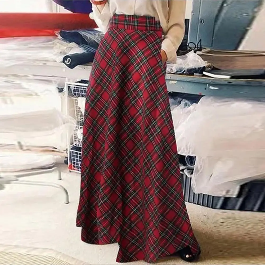 Stylish Plaid Skirt Plaid Print High Waist Maxi Skirt for Women A-line Floor Length Spring Skirt with Oversized Check Pattern