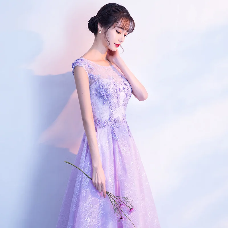 Lilac Purple Long Bridesmaid Dress Lace 3D Flower Women Scoop Neck Wedding Ceremony Dress A Line Long Formal Evening Party Gowns